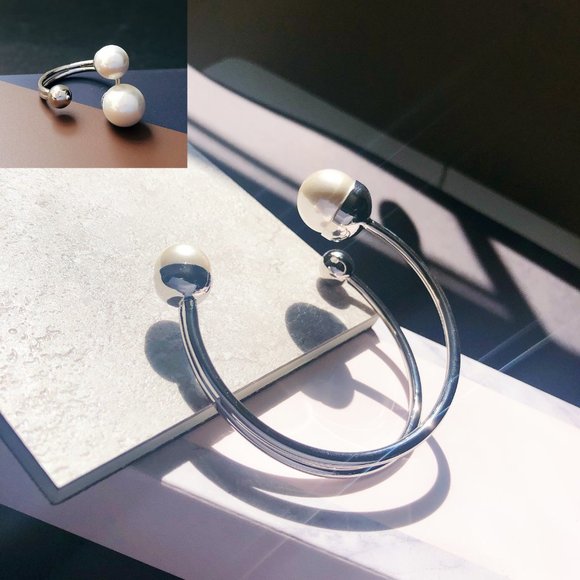 Silver Asymmetry Layered Pearl Bangle & Ring Set - Picture 1 of 5